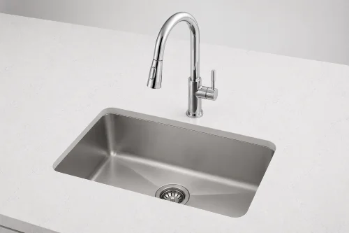 Single-bowl stainless undermount sink with Moen Genta chrome faucet