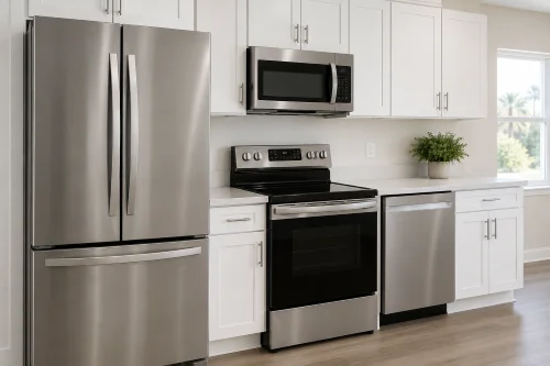 Stainless steel Whirlpool kitchen appliances in a finished home
